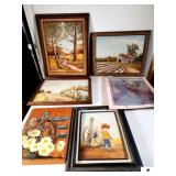 FRAMED PAINTINGS - SIGNED M. JOHNSON FRAMED QUAIL PRINT WITH BARN SCENE - OLD BARN WITH COTTON FIELD SCENE - PAINTING ON CANVAS WITH SMALL BOY WITH WAGON WHEEL - PAINTING ON WOOD WITH WAGON WHEEL WITH