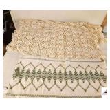 CROCHET CLOTH - HAS SOME SPOTS - RUNNER TABLE CLOTH - ROUND TABLE CLOTH - HAS SOME SPOTS, NEEDS CLEANING - BLANKET - (GARAGE)
