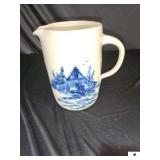 P. R. STORIE POTTERY 9 1/2" PITCHER WITH HANDLE - COBALT BLUE COUNTRY BARN SCENE - (KITCHEN)