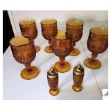 VINTAGE INDIANA GLASS - WHITEHHALL - AMBER  GLASSES (6) DIAMOND PATTERN - VINTAGE YELLOW GOLD AMBER SALT & PEPPER SHAKERS (UPSTAIRS) )