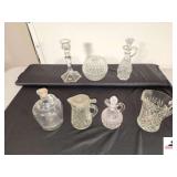 VINTAGE GLASS PITCHER JAR - DIAMOND WITH EYE # 22 HANDLE & SPOUT PRESSED GLASS SPYRUP PITCHER WITH METAL LID (WORN) - PRESS GLASS PITCHER WITH STOPPER - PRESS GLASS CREAMER -  GLASS CRUETS  WITH STOPP