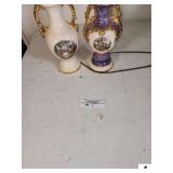 (2) HURRICANE STYLE LAMP BASES PORTRAIT PAINTINGS ON BASE - HURRICANE STYLE LAMP WITH CLEAR FONT - AMBER SHADE - NO CHIMNEY - ELECTRIFIED LAMP - BRASS PEDESTAL - NEEDS CLEANING - (UPSTAIRS)