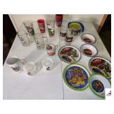 COLLECTION OF DISNEY CUPS, MUGS, & DISHES -  DONALD DUCK COFFEE CUPS - MICKEY MOOURE COFFEE CUP - NORMAN ROCKWELL HANDPAINTED MUG - GARFIELD COLLECTIBLE COFFE CUP - PIZZA HUT GLASS - ROCKY & BULLWINKL