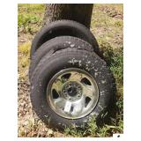 3 RIMS WITH TIRES- RADIAL LT2215/8T R16 - WORN - DAMAGED - RIMS ARE SAME - MITCHLEUM LP2 45/75R16 (WOODS)
