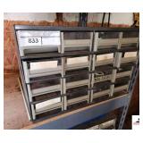 16 DRAWER SCREW CABINET - SHEETROCK GLASS BLUBS - SCREWS - WIRE CLAMPS - COTTER KEYS - ALAMITES - CHAIN REPAIR LINKS - WALL HANGERS - UNIVERISAL GROUND WIRE CLAMPS - NUG NUT COVERS - SPRINGS - NUMBER 