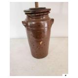 STONEWARE BUTTER CHURN - BROWN - TWO HANDLES - WOOD DASHER - LID DOES NOT FIT - 8" BASE - 16" TALL - SMALL CHIP ON SIDE - RIM HAS CHIP - (KITCHEN)