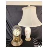 SCHATZ TABLE CLOCK - PLASTIC COVER - NEEDS REPAIR - CHINA LAMP WITH MILK GLASS SHADE - REGULAR SHADE - (BACK BEDROOM)