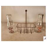 2 HICKORY HILLS MILK & BUTTERMILK BOTTLES WITH WIRE CARRIER AND WOODEN HANDLE- BUTTERMILK BOTTLE WITH COW - MILK BOTTLE WITH COW HEAD - (GARAGE)