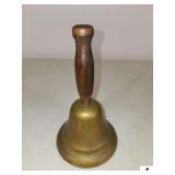 ANTIQUE BRASS SCHOOL BELL WITH WOOD HANDLE INITIALS INSIDE WITH CLAPPER - (BACK BEDROOM)