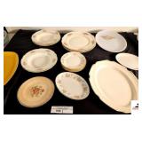 HOMER LOFTON CHINA (3) DINNER PLATES - (6) SAUCERS - (5) SOUP BOWLS) - GLASS SERVING PLATTER, CHIPPED - PLASTIC PLATTER - (2) SMALL - (GARAGE)