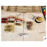 PLANO TACKLE BOX WITH FISHING TACKLE LEAD WEIGHTS - SNAP WEIGHTS - BANK SINKERS - SPLIT SHOTS - LINE - PLASTIC CORKS - HOOKS - ASSORTMENT OF ALL TYPE CORKS - SPINNERS - WORMS - BILLY BOY BOBBERS - BOB