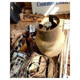 PALLET - BOLTS - PROPANE TANK FAN BLADE - USED ELECTRICAL BOXES - CHAIN LINK FENCE PARTS - ANTIQUE WOOD CORNER PORCH BRACKETS - ELECTRIC WIRE - CAR CHAINS - SMALL YARD RACK - BARBELL PLATE - SAW BLADE