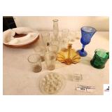 VINTAGE FOSTORIA GEORGE WASHINGTON COLBALT BLUE GOBLET - GREEN MUG - AMBER BASKET - CLEAR FLOWER FROG - (9) JUICE GLASSES - NEED CLEANING - (3) MISC PIECES - CHINA LAZY SUSAN - ONE BOWL HAS SMALL CHIP