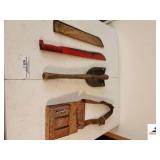 RED MACHETE GREEN CLOTH SHEET - VINTAGE DIGGING SHOVEL - LEATHER TOOL BAG (SHOP)