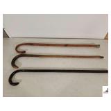 (3) WALKING STICKS- FLAT TOP TURNED HANDLE - WOOD LIMB HANDLE STICK - PAINTED STICK ( SW BR)