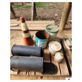 PALLET - MISC. - CONCRETE BOAT ANCHOR - 2 MAIL BOX BUCKETS - WHITE PORCELAIN CHAMBER -  ORANGE PEPRUM ALUM. MD. 410 STEP LADDER (BENT)