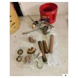 BUCKET OF PLUMBING SUPPLIES - MISC BRASS CUT OFFS - FAUCETS - COPPER - GALVANIZED BUCKET HAS LOTS OF CONDUIT SNAPS & CONNECTORS -4" X 8" FORMED FL CORNERS - SET SCREW CONNECTORS - BRASS PIPES - ELBOW 