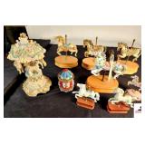 CIRCA 2001 CAROUSEL - PLAYS "CAROUSEL WALTZ" MERRY-GO-ROUND (WORKS) - MINITURE PAINTED CAROUSEL - (3) MUSICAL CAROUSEL HORSES ON WOOD BASES - (WORKS) - (2) MINITURE CAROUSEL HORSES ON WOOD BASE - 1 CE