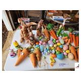 TUB OF EASTER DECORATIONS-RABBITS-CARROTS BASKET WITH PORCELAIN EGGS-PLASTIC ANIMALS(GARAGE)