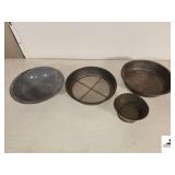 GRAY ENAMAL WASH BOWL - SOME DAMAGE - TIN SIFTER - SHOWS WEAR - (2) SIFTERS - LARGE AND SMALL - (SIDE BEDROOM)