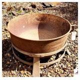 IRON KETTLE- 28" DIAMETER - SIDE HANDLES - METAL STAND- RUSTY - 4 LEGS -(AT HOUSE)