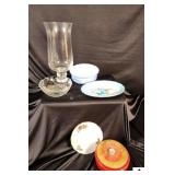 DIVIDED SERVING BOWL - DRESSER PIECE (TOP DAMAGED) HEAVY VASE - ELELEGANT EXPRESSIONS GLASSVHURRICANE VASE - CAMEOWARE BOWL - PAINTED SAUCER  - IRONSTONE CARONA HAND PAINTED FLOWER (HALL)