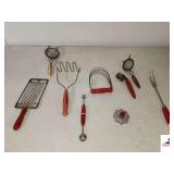VINTAGE RED WOOD HANDLE KITCHEN UTENSILS - TOMATO SLICER (MARKED GERMANY)  - POTATO MASHER - MELON BALLER MAKER - SERVING FORK - 2 SIFTERS - COOKIE CUTTER - PASTRY CUTTER - RETRO RED WOOD HANDLES - EK