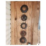 VINTAGE PLANTER COGS AND PLATES 5 PIECES (GARAGE WALL)