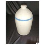 VINTAGE STONEWARE CHICKEN WATERS - WHITE W/ BLUE RING- 6" BASE - 11" TALL - OPEN BOTTOM - SMALL HOLE ON SIDE - (LR)