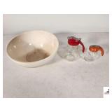 VINTAGE RING VEGTABLE BOWL - RED TOP SYRUP JAR - FEDERAL TOOL CORP ORANGE TOP SYRUP JAR - SMALL USA MIXING BOWL - SMALL PECK ON TOP - (GARAGE)
