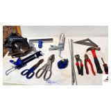 BLACK & DECKER SKIL SAW (WORKS) - TOOLS (2) CAULKING GUNS - TIN SNIPS - ALUMINUM CUTTERS - SHEET ROCK FINISH - CHANNEL LOCKS - CHALK LINE - ELECTRICAL PLYERS - HAMMER - SCREWDRIVER - ALUMINUM SQUARE -