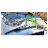 (3) FISHING NETS - HURRICANE CRAB NET (2) ALUMINUM GREEN CUMINGS NETS - ONE LARGER ALUMINUM NET - MINNOW BUCKET - (NE BLDG 5)