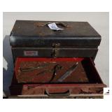 ORMAN METAL TOOL BOX WITH DRAWER - (1 DRAWER MISSING) - LARGE ASSORTMENT OF SOCKETS - PM RACHET - PLIERS - (2) KNIVES - (NE BLDG 5)