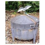 STEEL ROUND CHARCOAL GRILL PROFESSIONAL SHOP MADE WITH OVAL TOP - TOP AND SIDE DOORS SWING OPEN- TEMPERATURE GAUGE - MESH GRATE RACK & TWO COOKING PANS - DRAIN NOZZEL - HEAVY DUTY - 4 LEGS - (OUTSIDE)