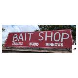 TIN/METAL BAIT SHOP SIGN -CRICKETS,WORMS -MINNOWS HAND PAINTED - RED WITH WHITE LETTERING - DISCONNECT FROM BRACKETS - LEAVE BRACKETS ON ROOF - IN 2 PIECES - SHOWS WEAR - DO NOT DAMAGE ROOF- SELLS "AS