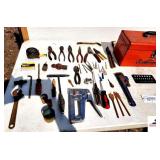 RAMSET RED TOOL BOX - COBALT PIPE WRENCH - STAPLE GUN - SCREWDRIVERS - PLIERS - NEEDLE NOSE PLIERS - TAPE MEASURER - HOLE CUTTER BLADE - WELDING HAMMER - STRIPPERS - (NE BLDG 5)