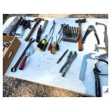 CENTER PUNCHES - TOTES HEATED AUTO ICE SCRAPER - SOCKETS - CLAW HAMMER - SCREWDRIVER - CHANNEL LOCKS - SNAP RING PLIERS - HACK SAW - VICE GRIPS - OIL WRENCH - WIRE CRIMPERS - LARGE WRENCH - LEVEL - (B