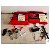 SHUMAKER 1.5 AMP ON BOARD BATTERY CHARGER- 2 POLE HOLDERS-BOAT MOTOR HANDLE-14X15 RIFLE SCOPE-2 NEW PERSONAL FLOTATION DEVICE-KNIFECASE FOR BELT-(BLDG 4)