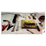 WOOD DRILL BITS - BAUER PALM SANDER (WORKS) WELDING CLAMP - TESTER - (2) BOX END WRENCHES - SMALL SOCKET - GREASE GUN - 12V CLAMPS - SCREWDRIVER - (BLDG 5)