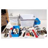 INVENTORY OF PEG BOARD HOOKS - SCREWDRIVER LEVEL - TRAILER HITCH BALLS - (3) ALUMINUM CLAMPS  - ANTI-FREEZE TESTER - TWINE- 6" ELBOWS - 3" ELBOWS - SMALLER PIECES (NE BLDG 5)