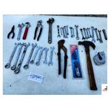 ASSORTMENT OF WRENCHES & OTHER TOOLS - STANDARD & MILLIMETER - VICE GRIPS - CHANNEL LOCKS - CLAW HAMMER - MARKING TAPE - FILE HANDLES (BLDG 6)