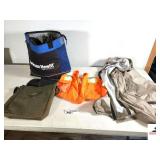 3- GALLON BUCKETS-JACKSON HEWITT THERMAL COOLER- CANVAS TOTE-ORANGE SAFTEY VEST-TAN RAIN JACKET-HARD HAT-2 TRAYS(BLDG 4)