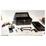 BLACK METAL TOOL BOX - SCREWDRIVERS - NAIL PULLER - HEX WRENCH - SCREWDRIVER TIPS - TASK FORCE WRENCH - (NE BLDG 5)