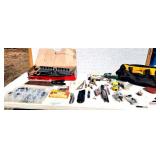 CRAFTSMAN PRECISION MITER BOX TABLE - DEWALT BAG WITH SUPPLIES - MITER SAW - SCREWS & RINGS - MARKING WISKERS - CHALK LINE - SCREWDRIVER - AIR RACHET - WRENCH - TRAILER PIN - CUTTER - KOBALT CUTTER - 