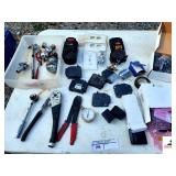 USED SEEMENS BREAKERS PHONE CHARGER PARTS - OUTLET COVERS - 2" & 2 5/6" TRAILER HITCH BALL - RATCHET - CABLE CRIMPER - WIRE STRIPPER - (BLDG 6)
