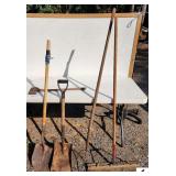 SHOVEL - SHORT HANDLE DIGGING SHOVEL - POLE AXE - PITCH FORK - RUBBER FLOOR SQUEEGEE - (NE BLDG 5)