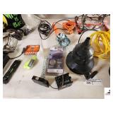 HUSKY CONSTRUCTION LIGHT - AIR HOSE - DROP CORD - TWO LIGHTS - MISC REPAIR PARTS - HARD HAT LANYARDS - HALLOWEEN BUCKET - BREAKERS - PLUMBING PARTS - SPARK PLUGS - MINITURE LEVEL - EXTENSION CORDS - (
