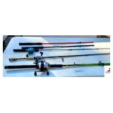 MUDVILLE CATMASTER SPINCAST REEL & ROD DAWIA SPINNING REEL - MEDIUM HEAVY CASTING ROD - SLINGSHOT REEL & CASTING ROD - (2) SHORT RODS - (ALL RODS & REELS ARE USED AND SHOW WEAR) - (NE BLDG 5)