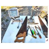 STERLITE TUB WITH  HANDSAW - ANTIQUE HANDSAW (2) SHOP LIGHTS - CRAFTSMAN DRILL PRESS STAND - 4