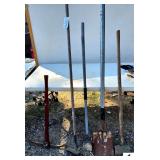 PICK AXE - GARDEN HOE - (2) SCRAPERS - ALUMINUM HANDLED SHOVEL -